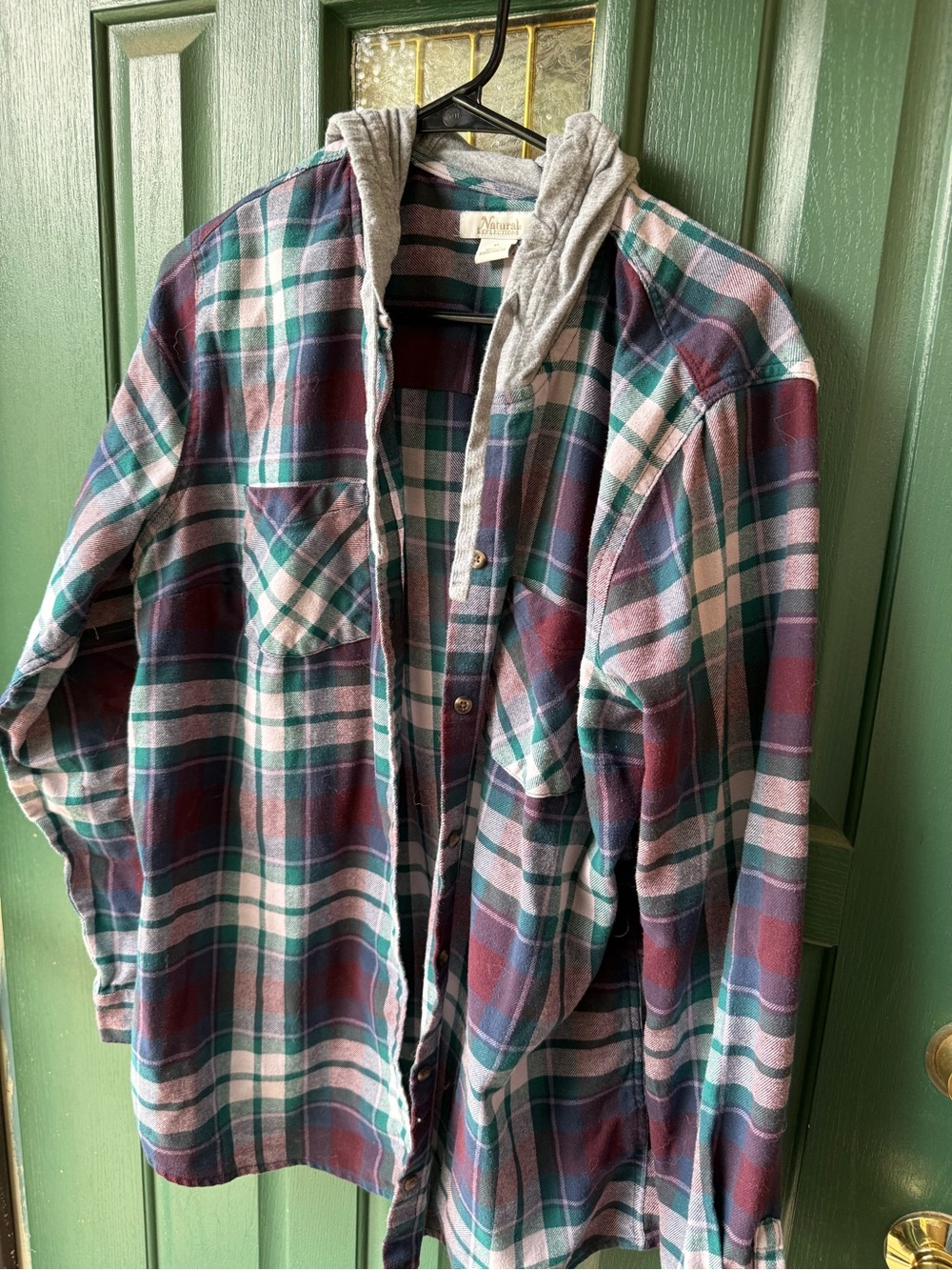 Hooded Flannel Shirt Jacket in Green and Burgundy Plaid